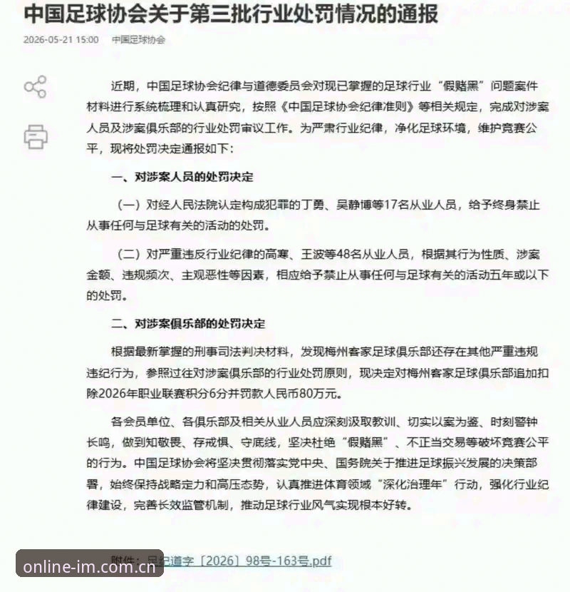 IM电竞公平平台 中国足协第三批禁足名单公布:17人终身禁足,48人受罚——IM电竞平台用户深度解读